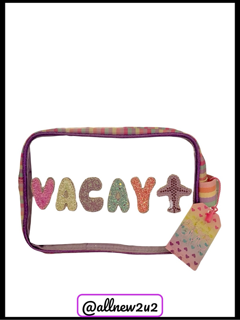 VACAY Sequin Cosmetic Bag Clear with Striped Purple Trim